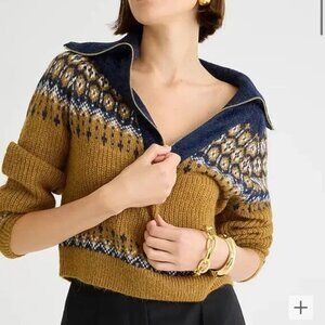 NWT J.Crew Fair Isle Half-zip Sweater in Navy Buttercream Timber Brushed Yarn L